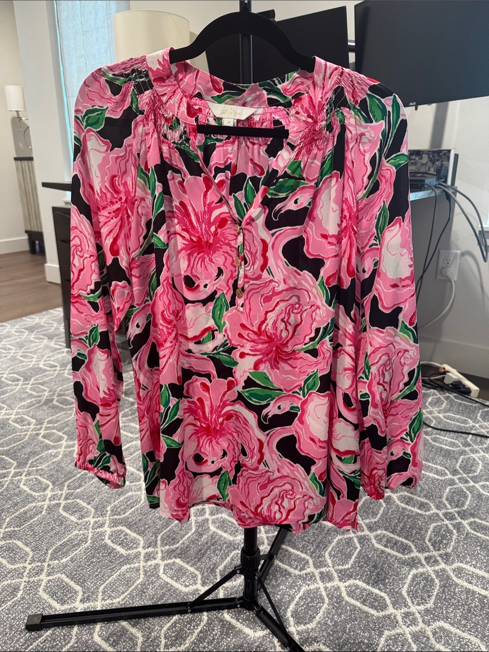 100% Silk Lilly Pulitzer Pink Floral Long-Sleeve Blouse